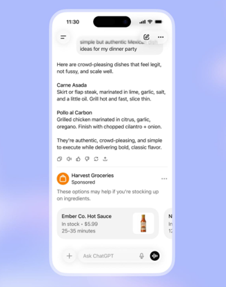 A sponsored product placement inside a ChatGPT answer on mobile